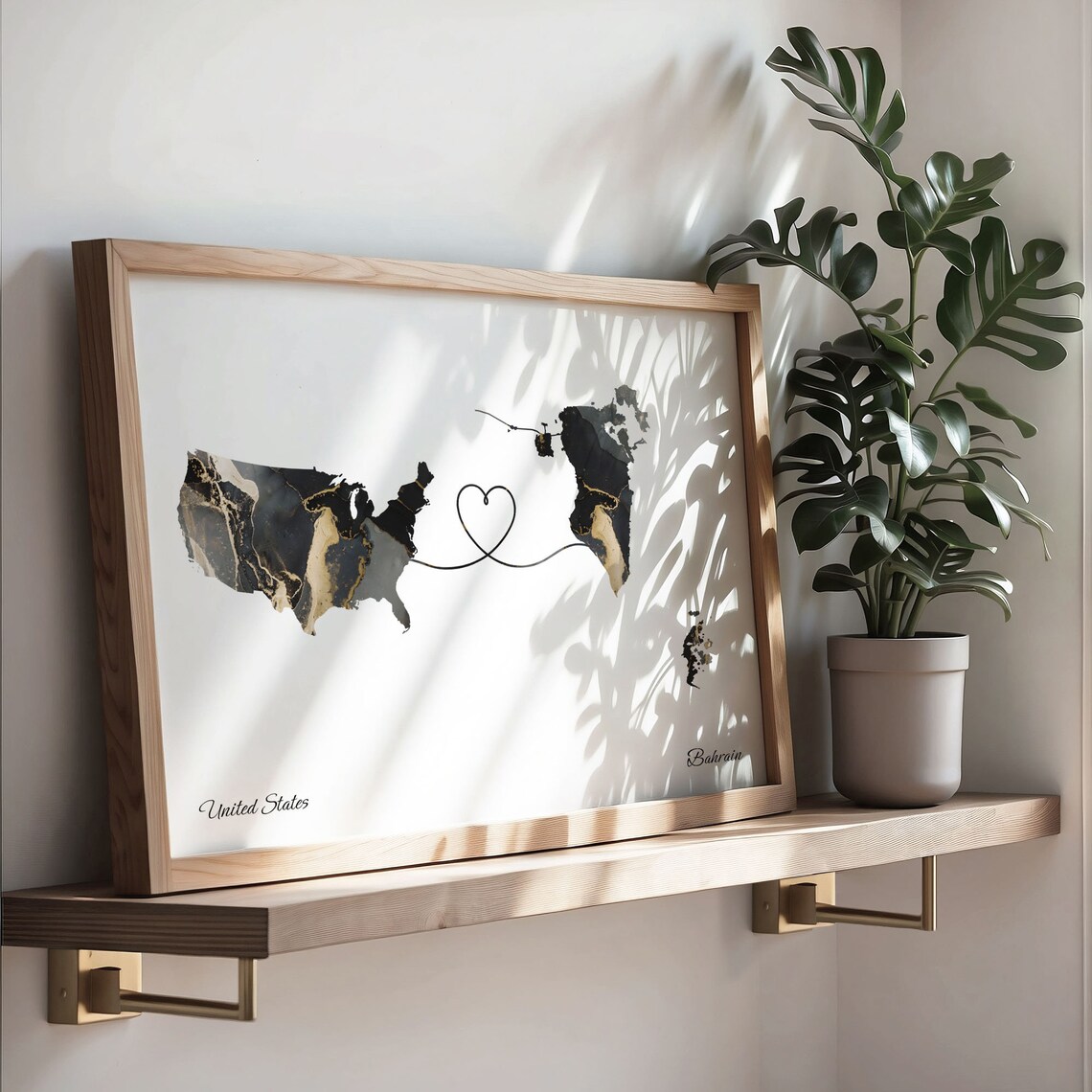 United States Bahrain Black Gold Marble Map Art Heart Connection Poster - Image 3