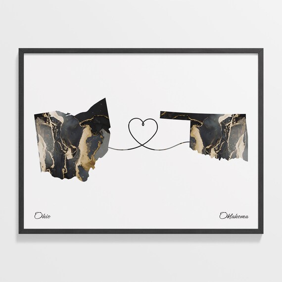 Ohio Oklahoma Long Distance Black Gold Marble Heart Map Poster