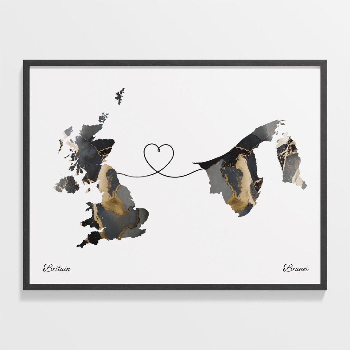 Britain to Brunei Marble Heart Map Poster Long Distance Love Gift