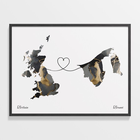 Britain to Brunei Marble Heart Map Poster Long Distance Love Gift