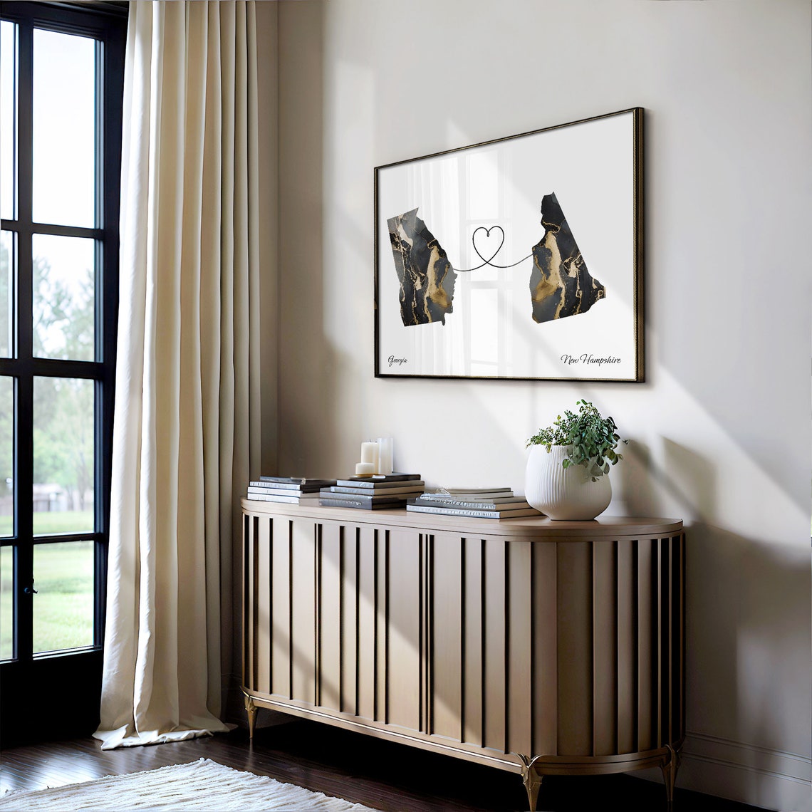 Georgia New Hampshire Long Distance Love Black Gold Marble Map Poster - Image 4