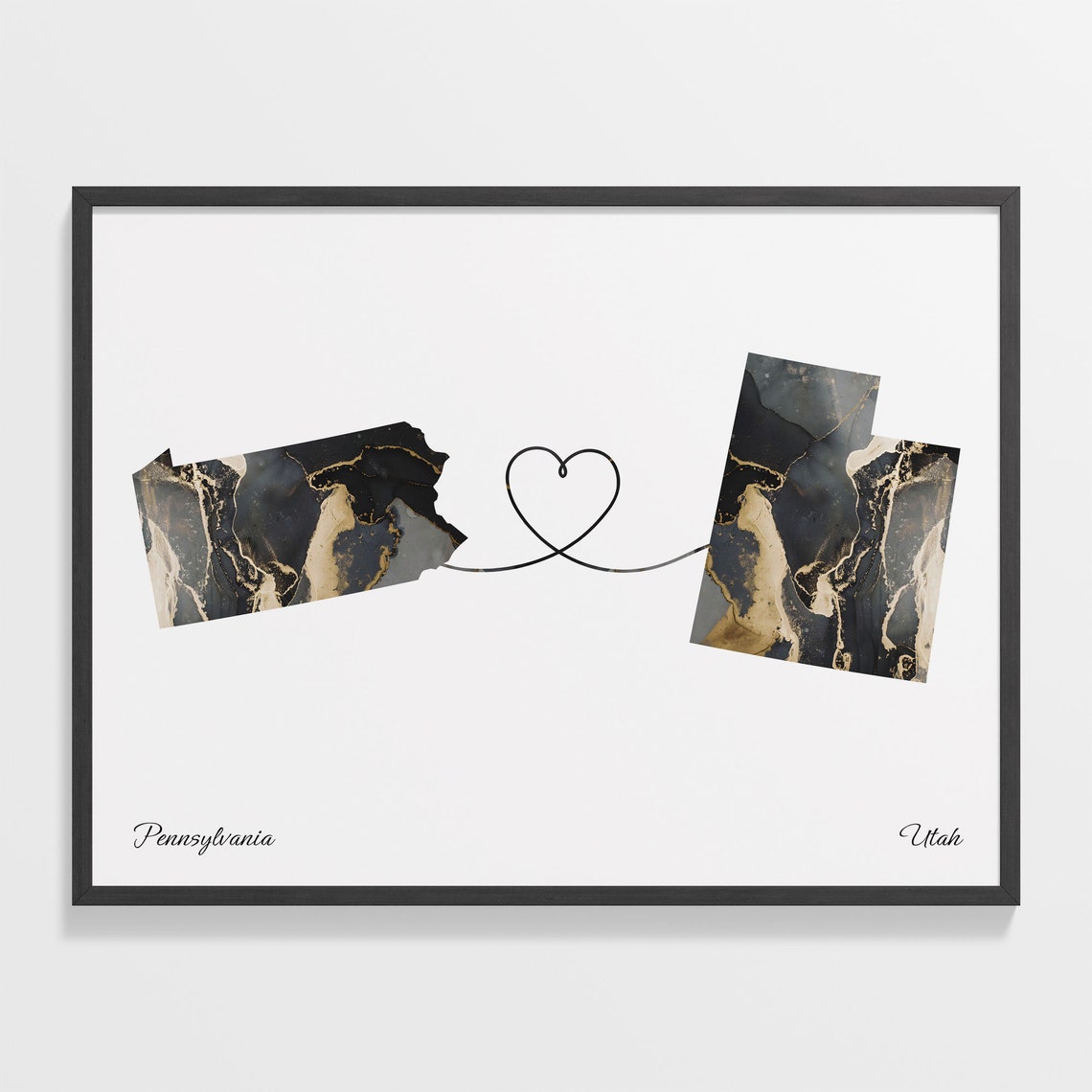 Pennsylvania to Utah Long Distance Love Marble Map Art Poster