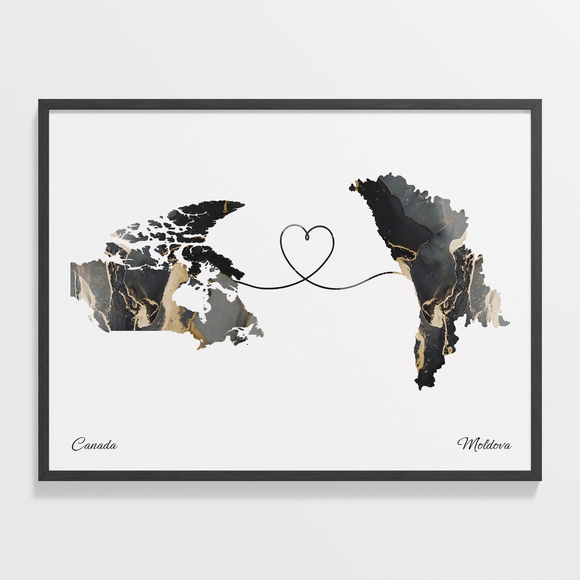 Canada Moldova Long Distance Love Black Marble Heart Map Poster