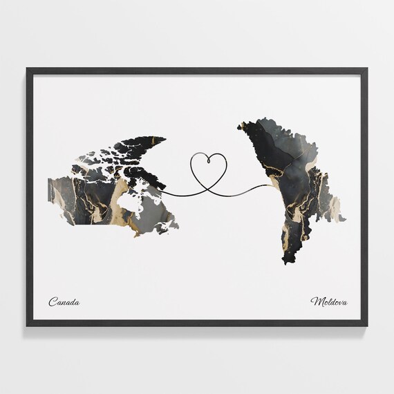 Canada Moldova Long Distance Love Black Marble Heart Map Poster