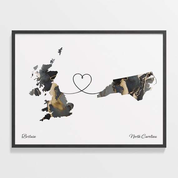 Britain to North Carolina Marble State Map Heart Love Gift Poster