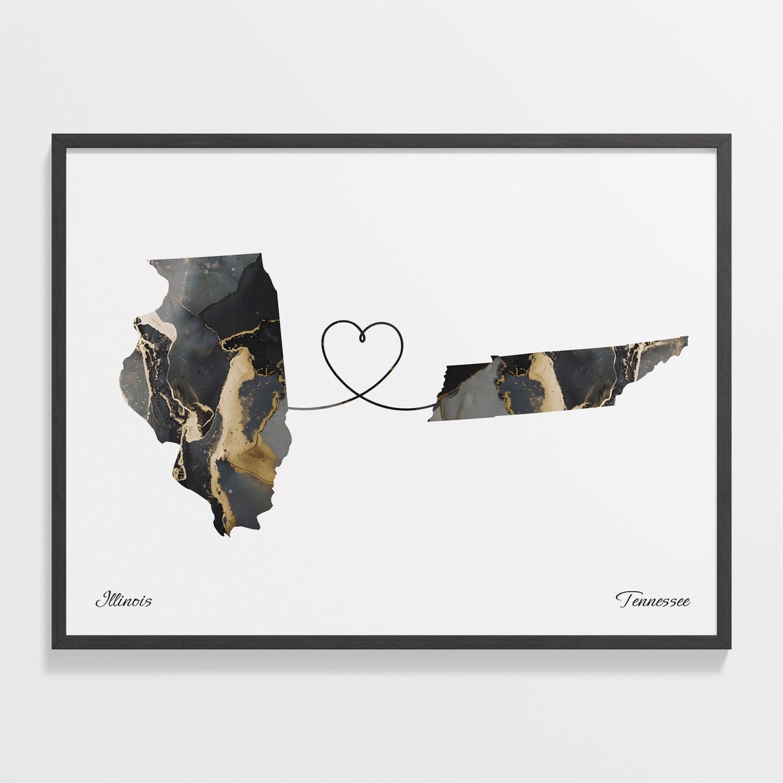Illinois to Tennessee Long Distance Love Marble Map Art Poster