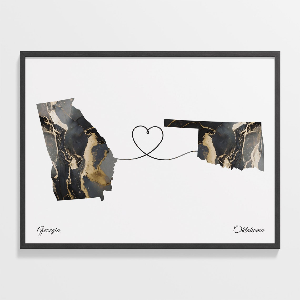 Georgia Oklahoma Long Distance Love Black Gold Marble Map Poster