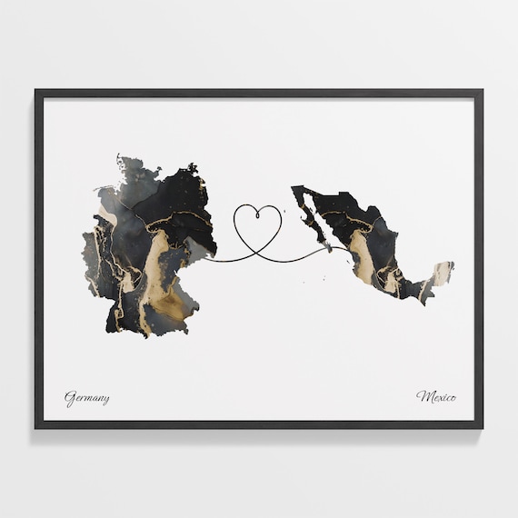 Germany To Mexico Heart Linked Marble Map Love Connection Poster