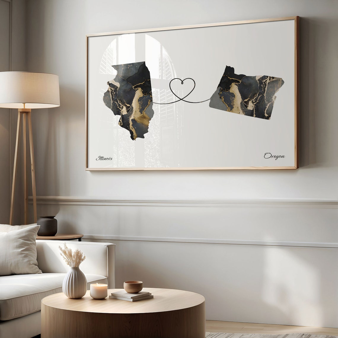Long Distance Illinois to Oregon Heart Connection Marble Map Poster - Image 2