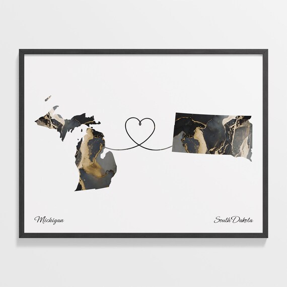 Michigan South Dakota Long Distance Black Gold Marble Heart Map Poster