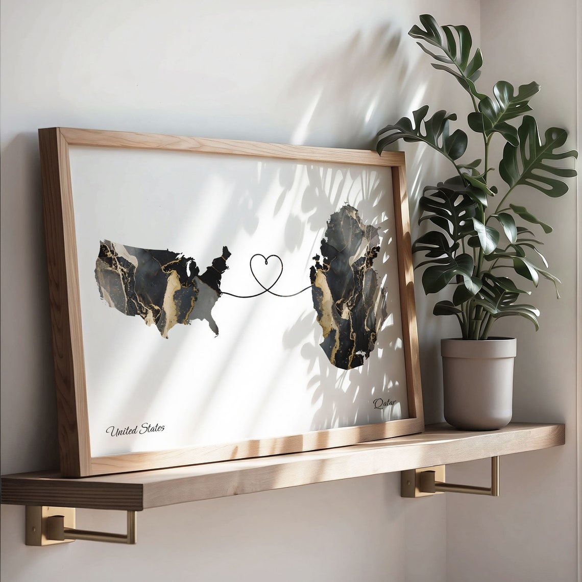United States to Qatar Heart Connected Long Distance Marble Map Poster - Image 3