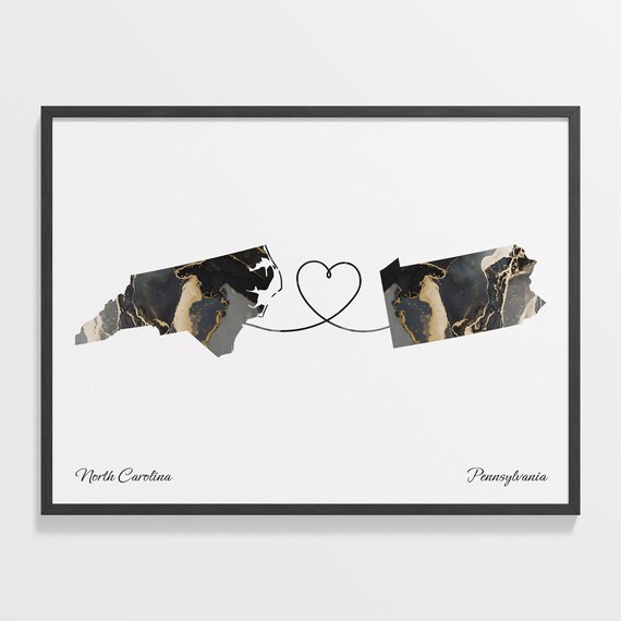 North Carolina to Pennsylvania Black Marble State Map Long Distance Love Poster