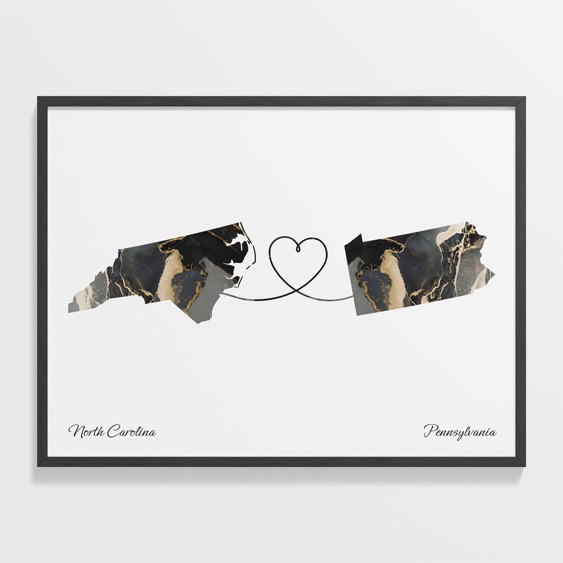 North Carolina to Pennsylvania Black Marble State Map Long Distance Love Poster