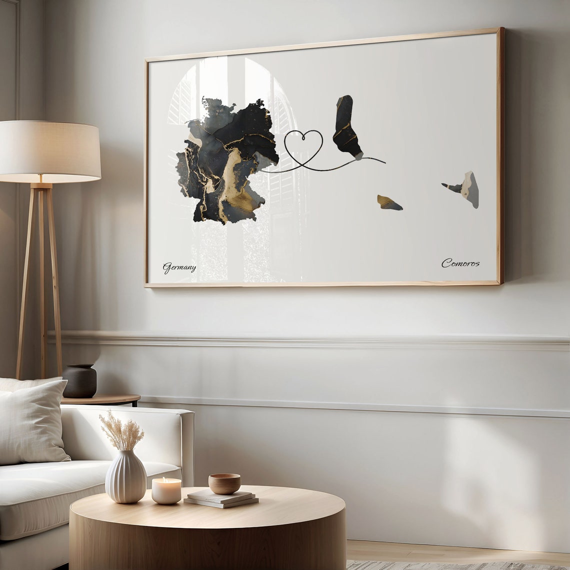 Germany and Comoros Black Gold Marble Two Country Love Map Poster - Image 2