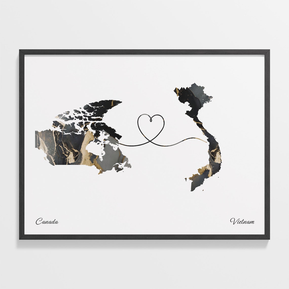 Canada and Vietnam Two Countries Black Gold Marble Map Poster