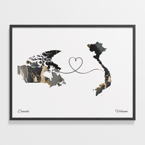 Canada and Vietnam Two Countries Black Gold Marble Map Poster