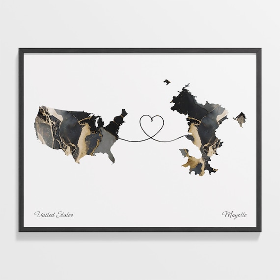 United States and Mayotte Marble Heart Map Long Distance Poster