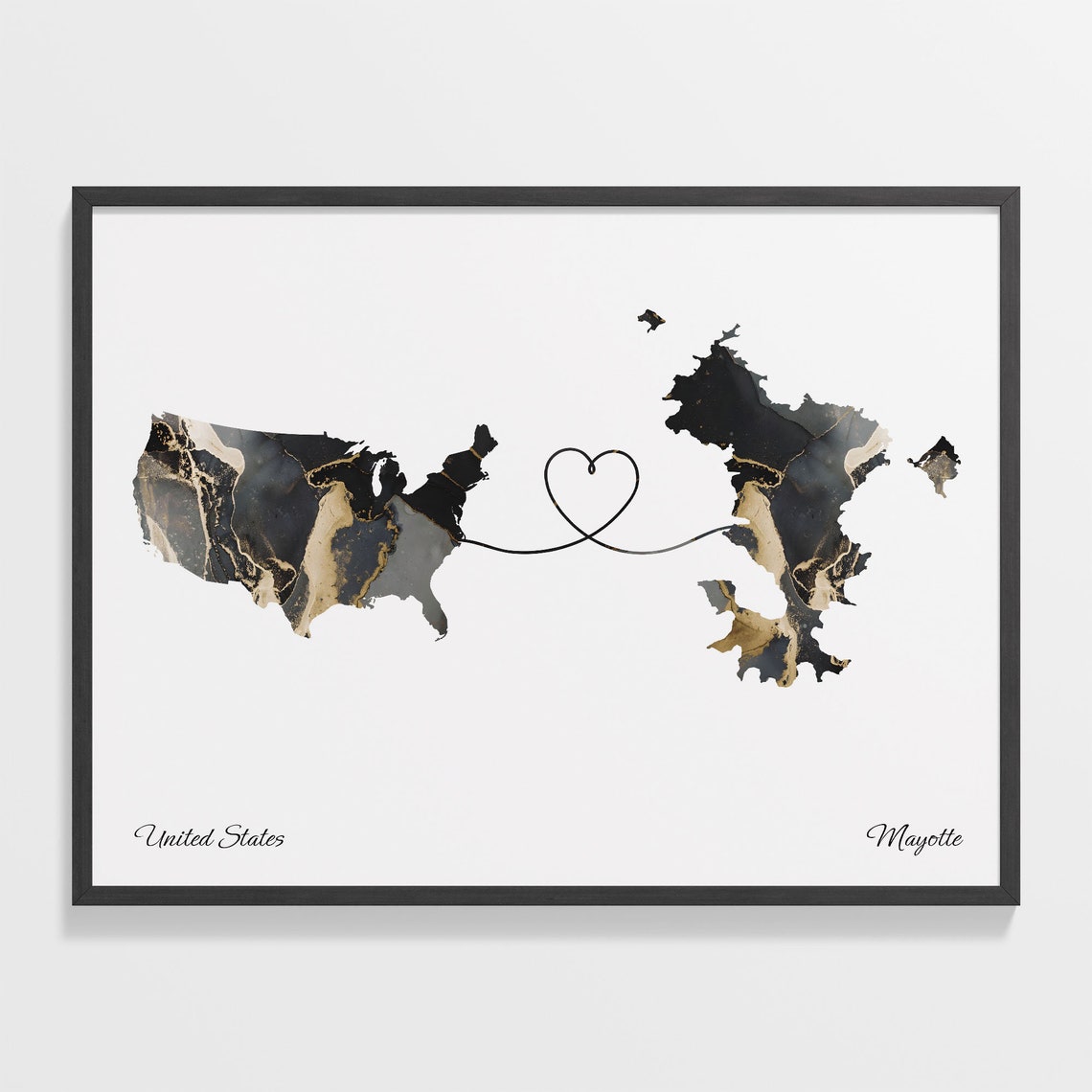 United States and Mayotte Marble Heart Map Long Distance Poster