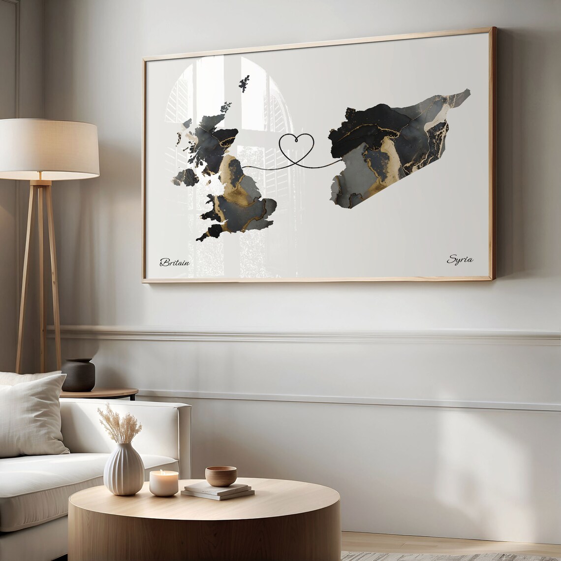 Britain To Syria Long Distance Marble Map Heart Print Gift Art - Image 2