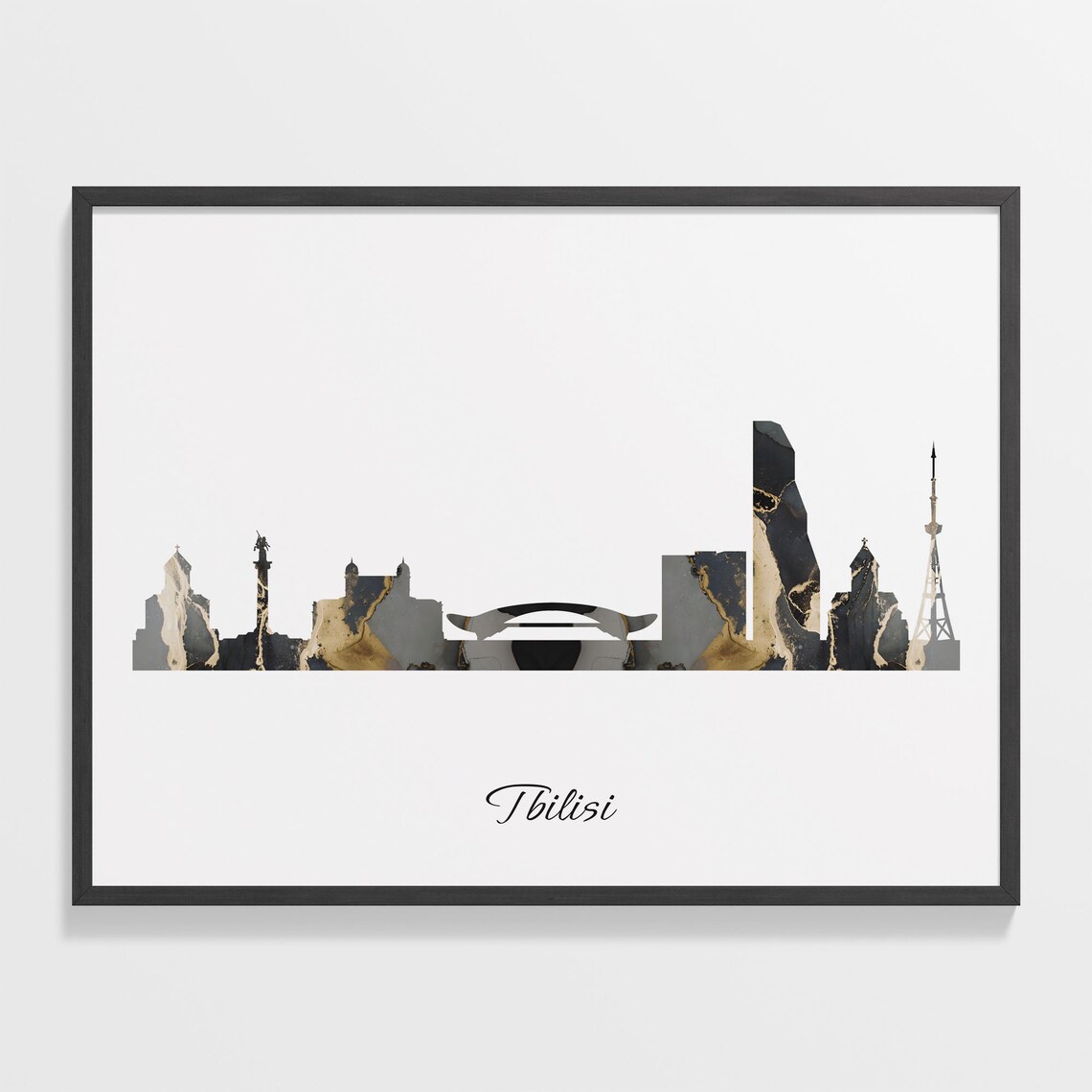Tbilisi Georgia Black Gold Marble Skyline Silhouette City Print
