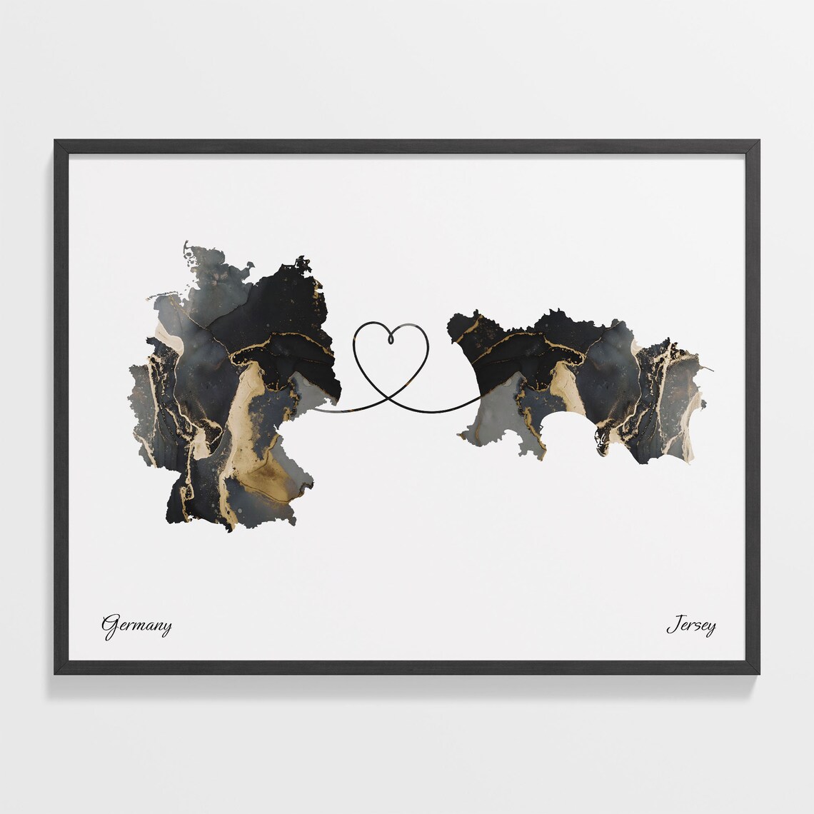Germany to Jersey Marble Heart Map Print Long Distance Couple Gift
