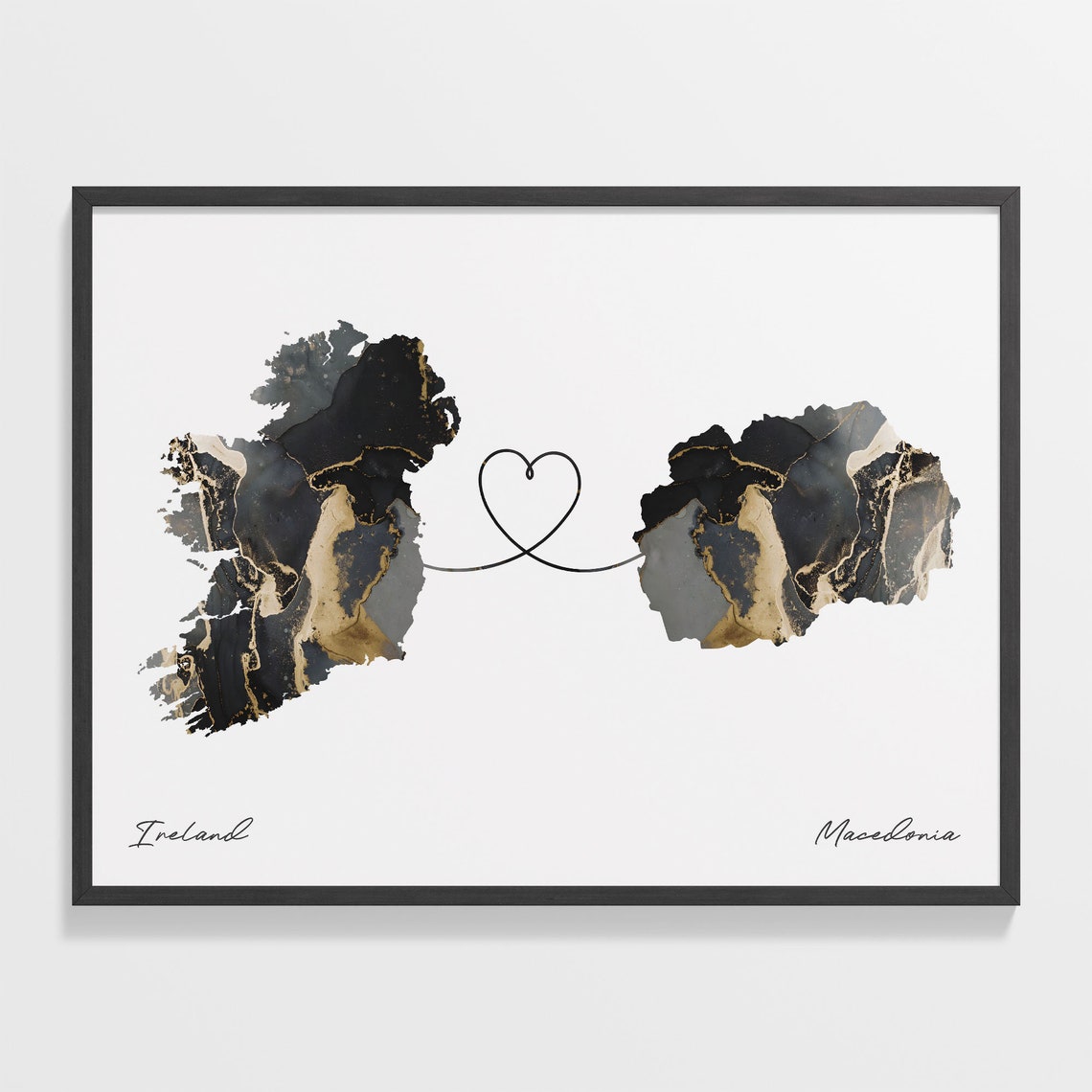 Ireland To Macedonia Elegant Black Marble Two Country Heart Map Poster