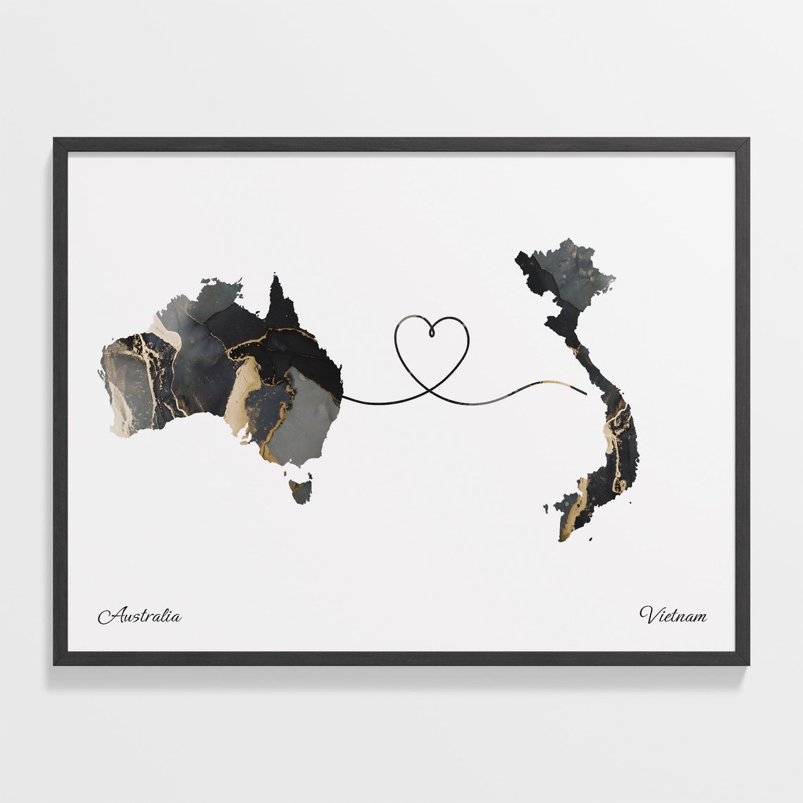 Australia Vietnam Long Distance Love Heart Marble Map Gift Poster
