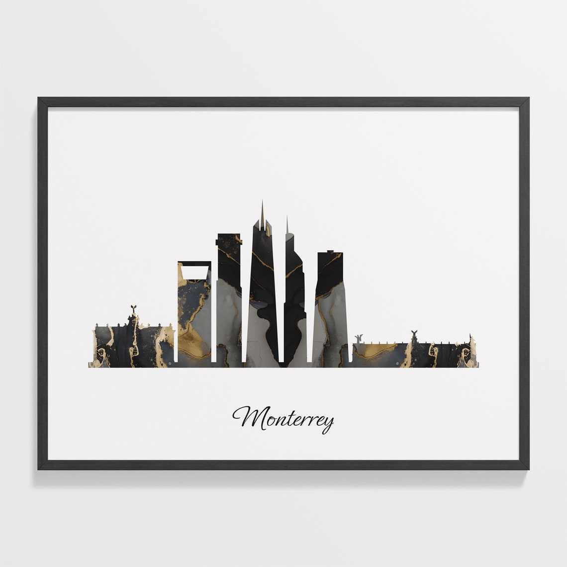 Monterrey Mexico Marble Skyline Black Gold Minimalist Cityscape Poster