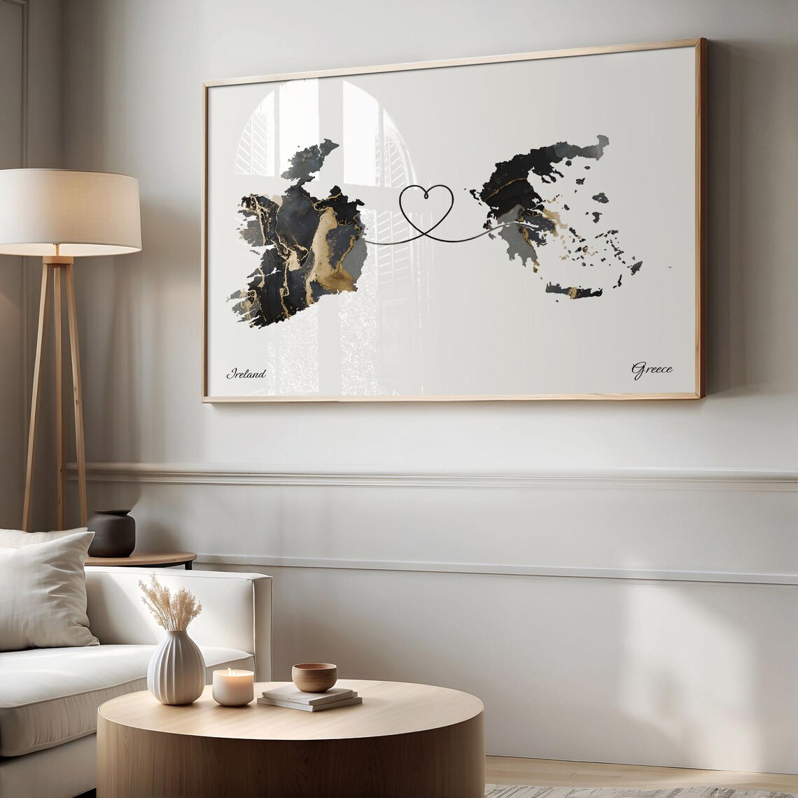 Ireland and Greece Black Gold Marble Heart Connection Map Poster - Image 2