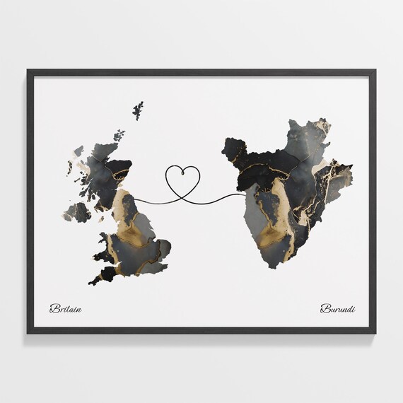 Britain to Burundi Heart Connected Long Distance Marble Map Poster