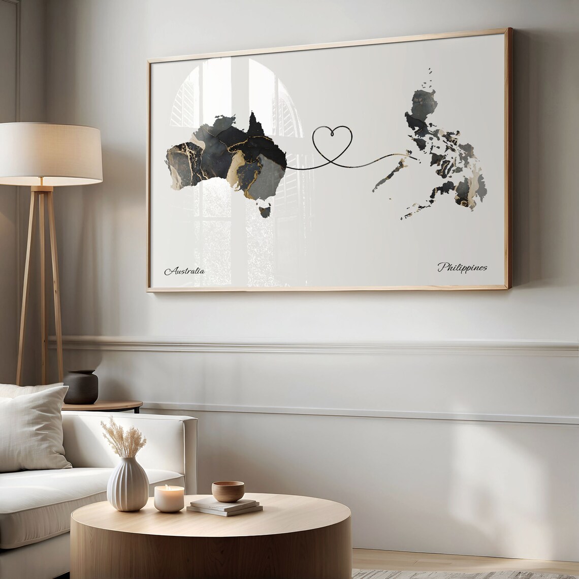 Australia and Philippines Black Gold Marble Map Heart Connection Poster - Image 2