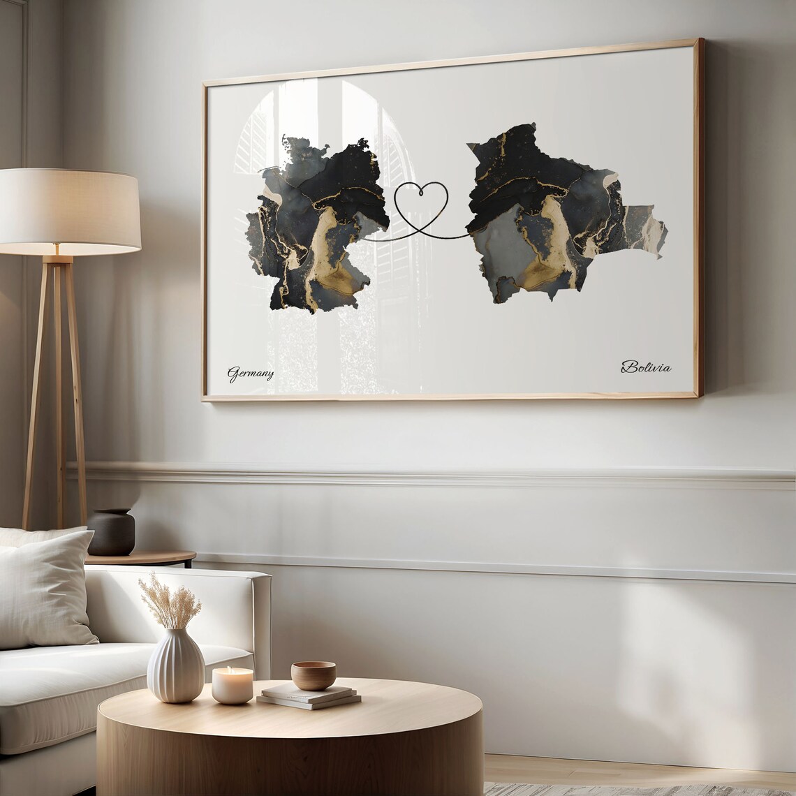 Germany and Bolivia Black and Gold Marble Heart Connection Map Poster - Image 2
