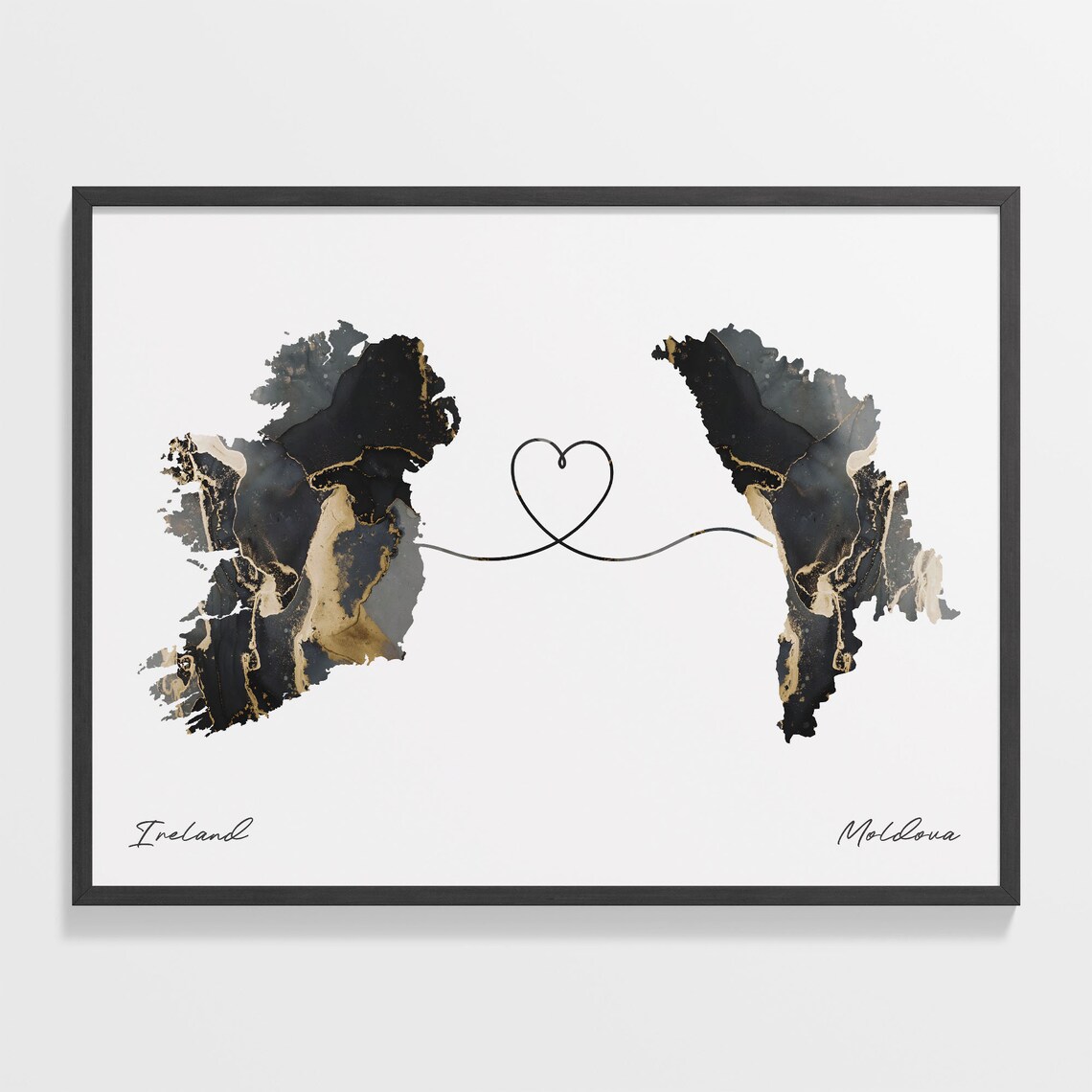 Ireland To Moldova Black Gold Marble Two Country Heart Map Poster