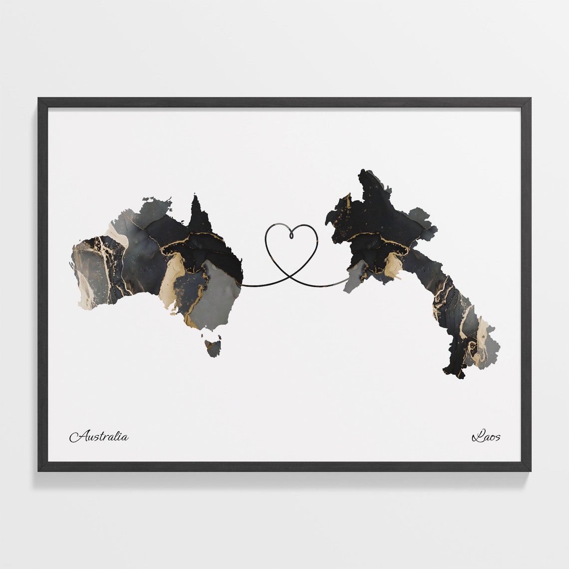 Australia to Laos Black Gold Marble Heart Connection Map Poster