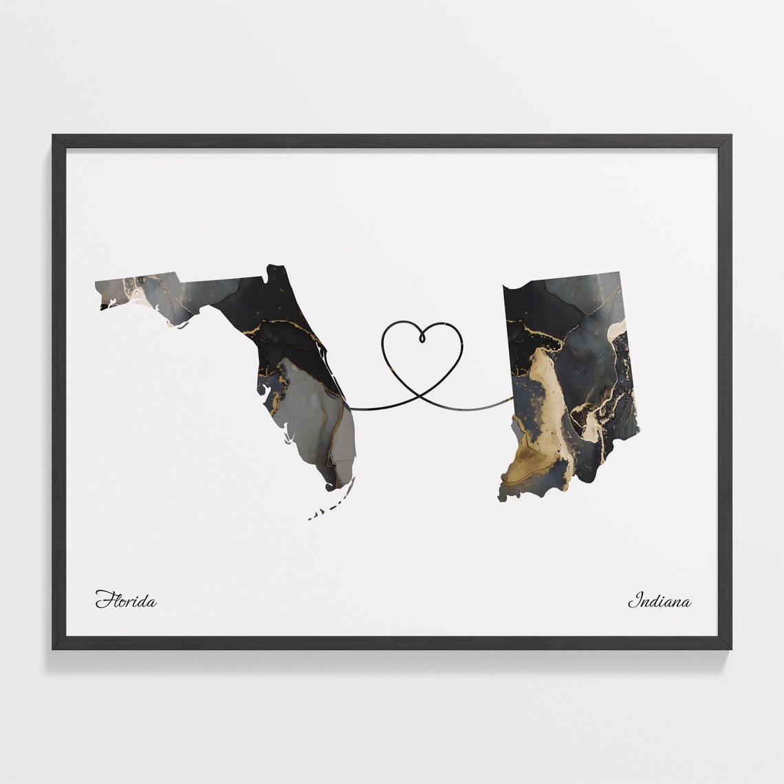 Florida Indiana Marble State Map Poster Heart Line Long Distance Gift