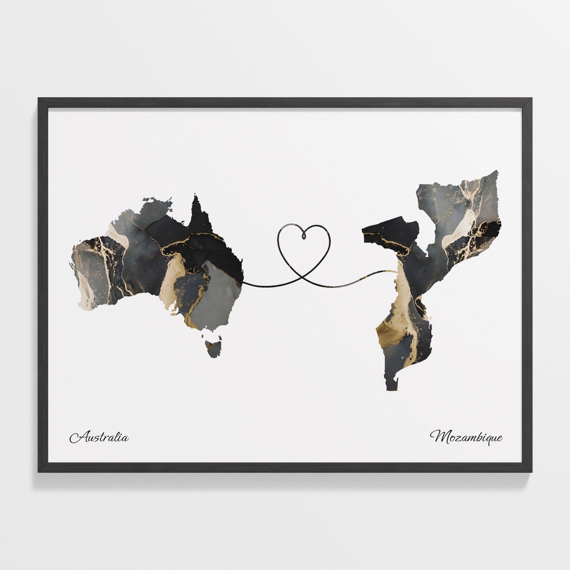 Australia and Mozambique Black Gold Marble Map Heart Connection Poster