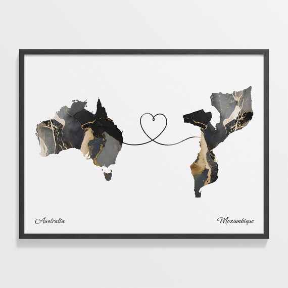 Australia and Mozambique Black Gold Marble Map Heart Connection Poster