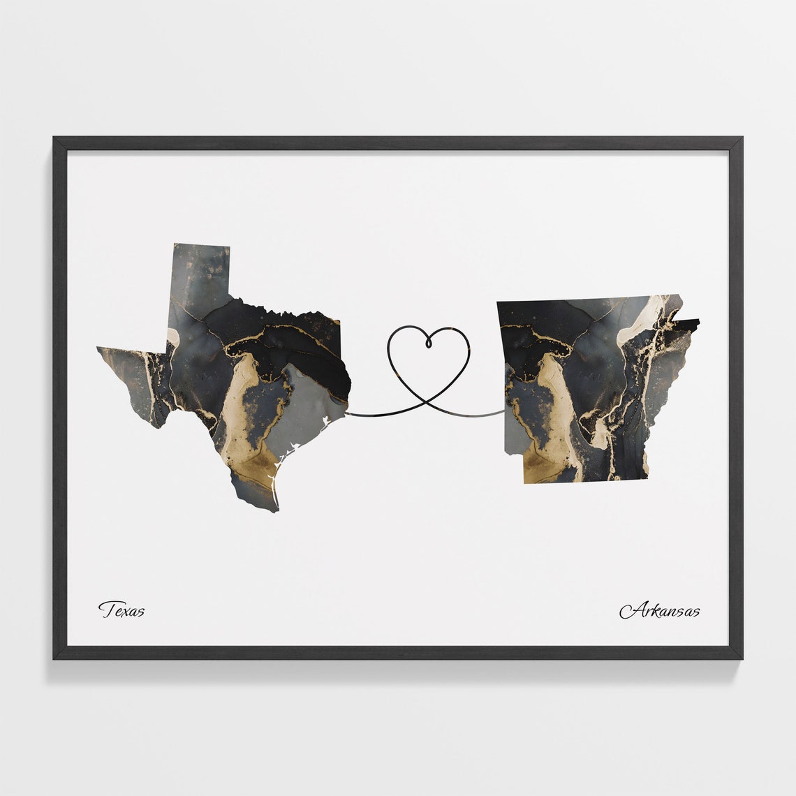 Texas to Arkansas Black Gold Marble Map Heart Line Art Poster