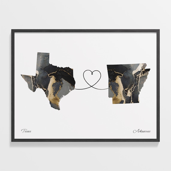 Texas to Arkansas Black Gold Marble Map Heart Line Art Poster