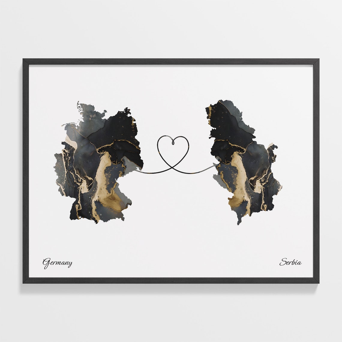 Germany to Serbia Black Gold Marble Heart Connection Map Poster