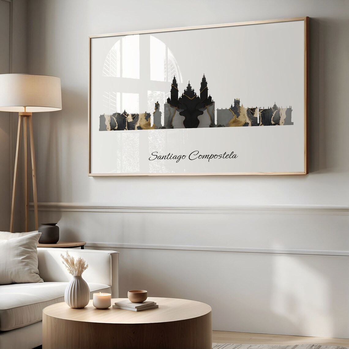 Santiago Compostela Skyline Black and Gold Marble Cityscape Art Poster - Image 2