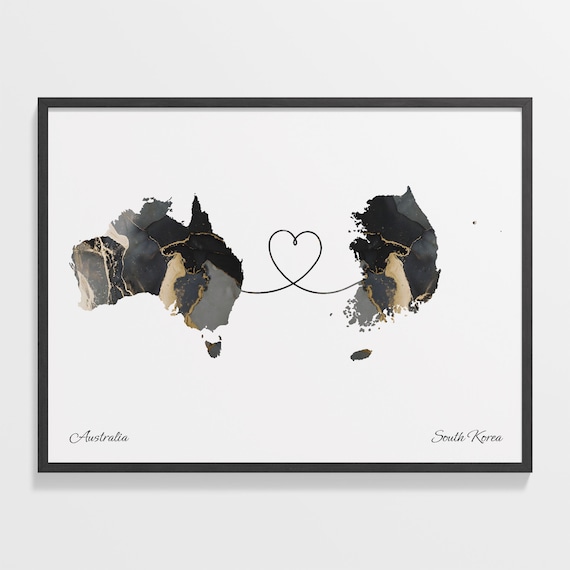 Australia and South Korea Black Gold Marble Map Heart Connection Poster