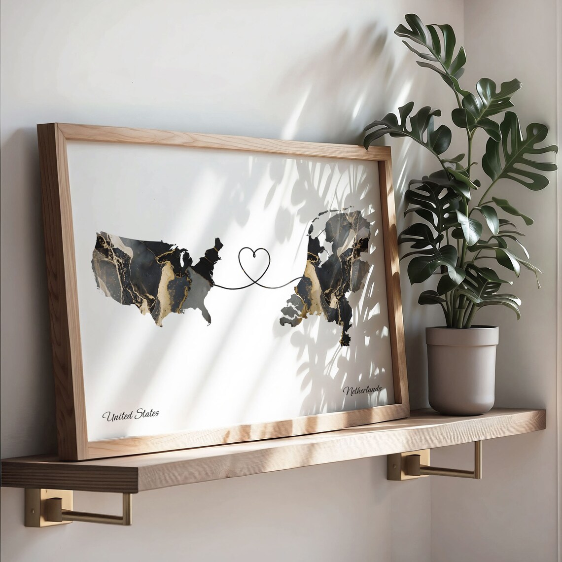 United States and Netherlands Two Countries Black Gold Marble Map Poster - Image 3