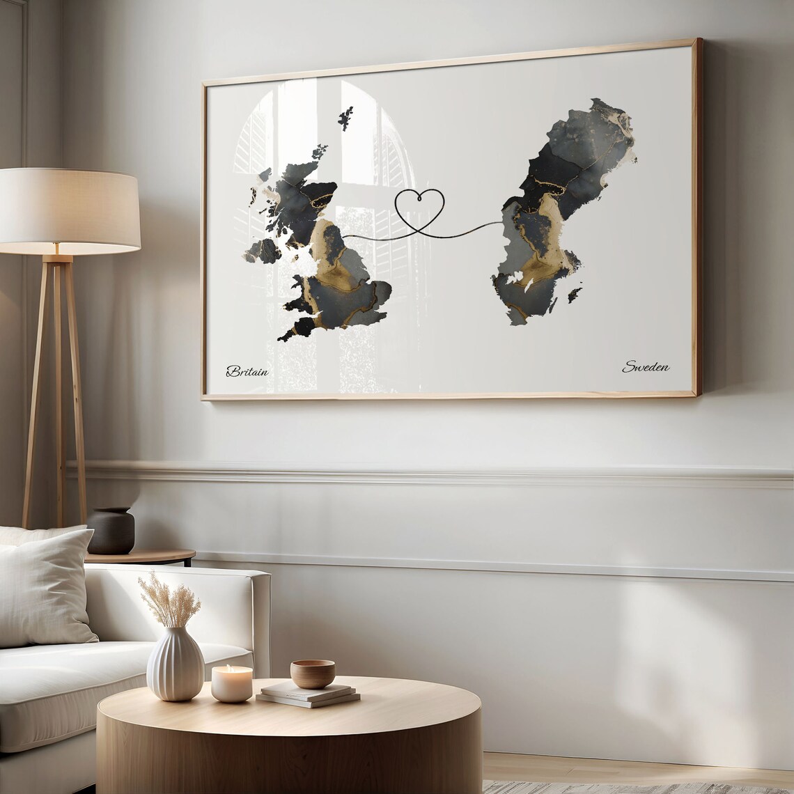 Britain To Sweden Long Distance Marble Map Heart Print Gift Art - Image 2