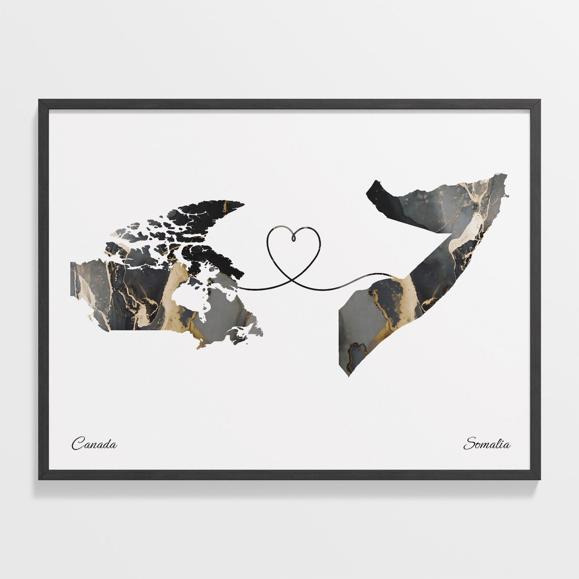 Canada To Somalia Black Gold Marble Long Distance Heart Map Poster