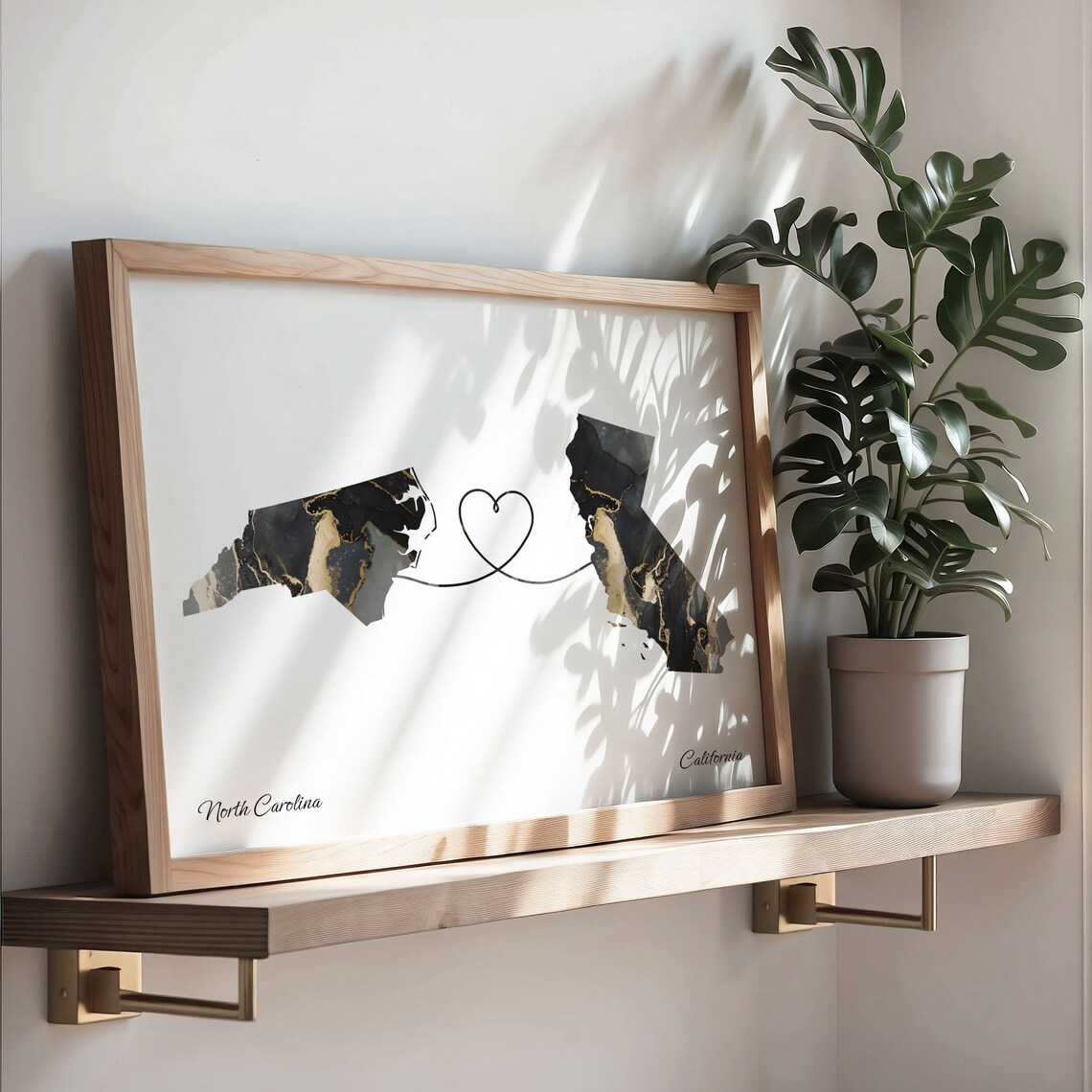 North Carolina California Long Distance Love Black Gold Marble Map Poster - Image 3