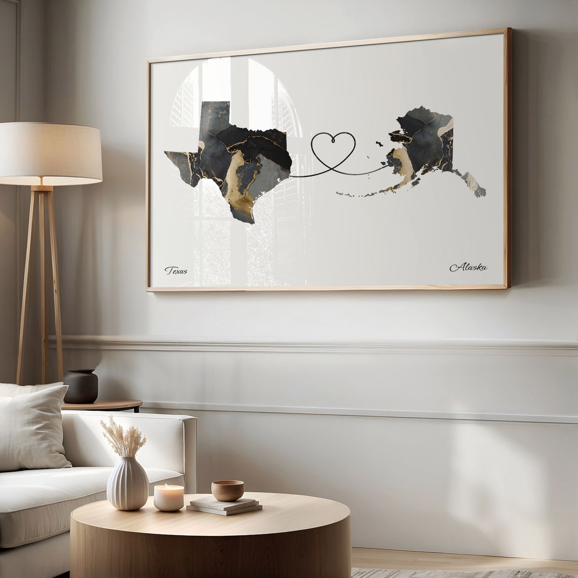 Texas to Alaska Heart Connected Long Distance Marble Map Poster - Image 2