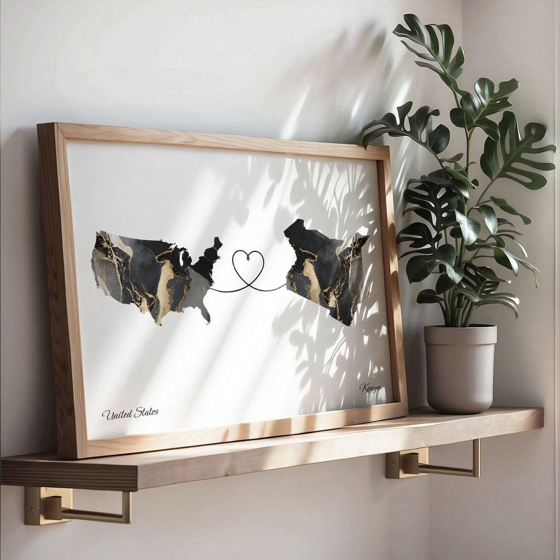 United States To Kenya Long Distance Marble Map Heart Print Love Art - Image 3