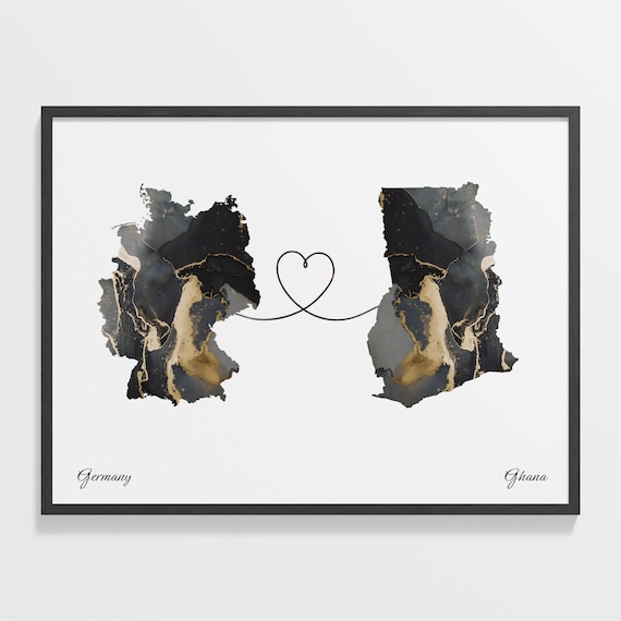 Germany To Ghana Long Distance Marble Map Heart Print Gift Art