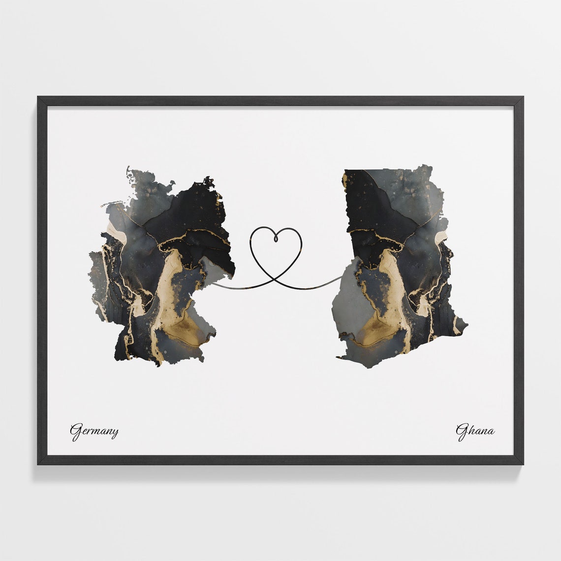 Germany To Ghana Long Distance Marble Map Heart Print Gift Art